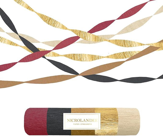 NICROLANDEE 5 Rolls Burgundy Gold Black Crepe Paper Streamers for Magical Wizard School Party Decorations, Casino Theme Party Decorations for Graduation, Retirement, New Year, Milestone Birthday