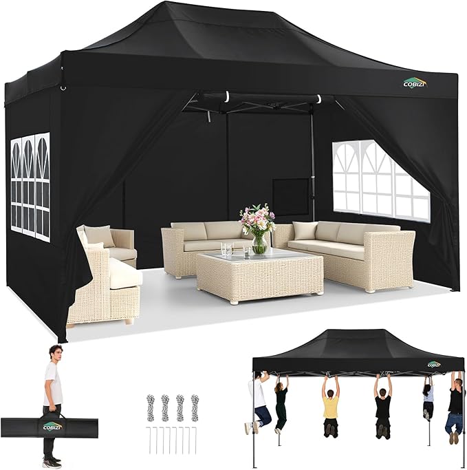COBIZI 10x15 Heavy Duty Pop Up Canopy Tent with 4 Sidewalls Thicken Frame, Commercial Easy Up Outdoor Wedding Party Tents, All Season Waterproof Windproof with Stakes Sandbags Ropes Bag, Black