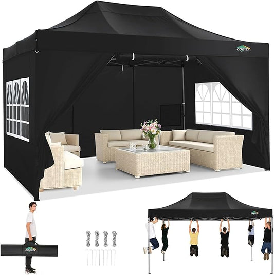 COBIZI 10x15 Heavy Duty Pop Up Canopy Tent with 4 Sidewalls Thicken Frame, Commercial Easy Up Outdoor Wedding Party Tents, All Season Waterproof Windproof with Stakes Sandbags Ropes Bag, Black