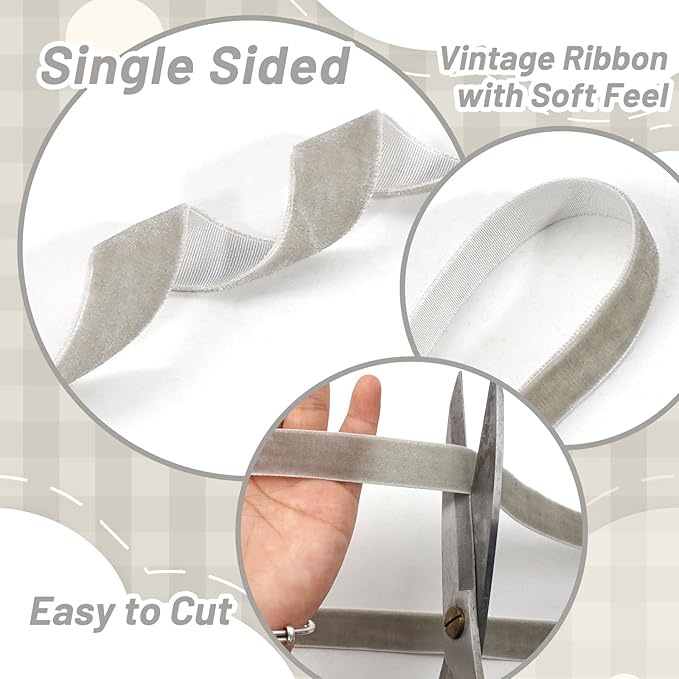 Thin Silver Velvet Ribbon Set, 3 Rolls Vintage Grey Velvet Ribbon for Gift Wrapping,Thick Gray Christmas Ribbons for Christmas Tree Ornaments, Holiday Wreaths, 3/8, 5/8, 1 inch Wide, 30 Yards Total