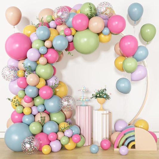 Amandir 153Pcs Spring Flower Balloons Arch Garland Kit Different Sizes 18 12 10 5inch Pink Green Yellow Dusty Blue Wildflower Balloons for Floral Baby in Bloom Shower Daisy Birthday Party Decorations