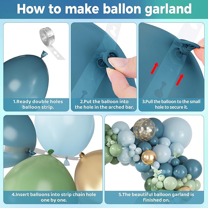 Ouddy Party 149Pcs Dusty Blue Green Pastel Blue Gold Balloon Garland Kit Different Sizes 18 12 10 5Inch, 6Pcs 18”Metallic Gold Confetti Balloons for Baby Shower Wedding Birthday Boho Party Decorations