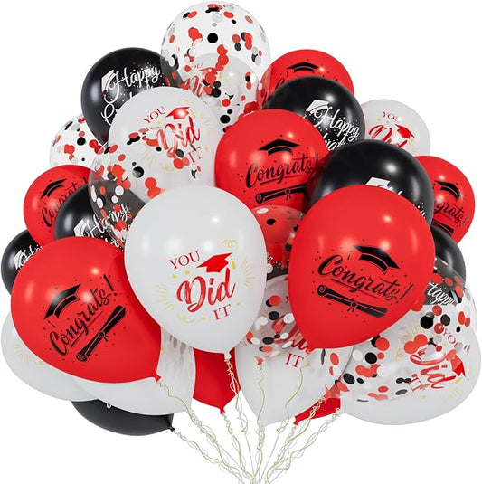 60 Pcs Graduation Balloons 2026 Graduation Party Decorations - 12 Inch Red Black Confetti Latex Balloon with Ribbons Red White Congrats Grad Balloons for Grad Party Decoration Supplies