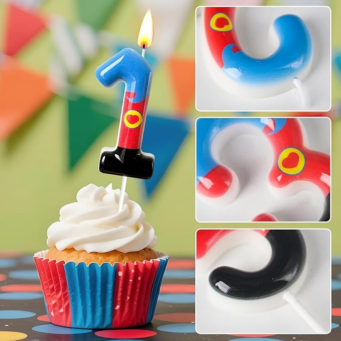 Birthday Candle for Cake – Red Blue Cartoon Hero Style with Heart Design – Cute Cake Topper for Birthday Party Decoration