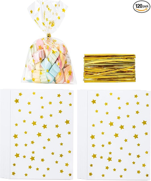 Aegero 120 Pack Star Printed 5"X 7" Gift Wrap Cello Cellophane Treat Bags,Gift Candy Goodies Bags with 140 Pcs Twists for Valentine,Birthday,Bakery,Wedding,Gift Cookie Snack Packing,Party Favor Supplies(Gold )
