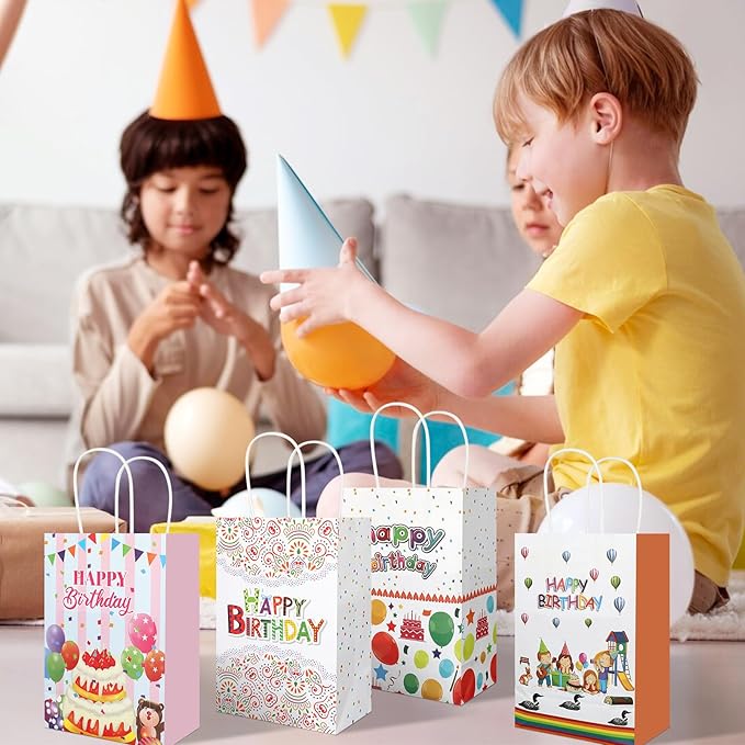 Ethanberg 20Pcs Birthday Gift Bags with Handles, Happy Birthday Paper Favor Bags, Birthday Paper Goodie Bags, Birthday Candy Treat Bags for Boys Girls Birthday Party Decorations Supplies