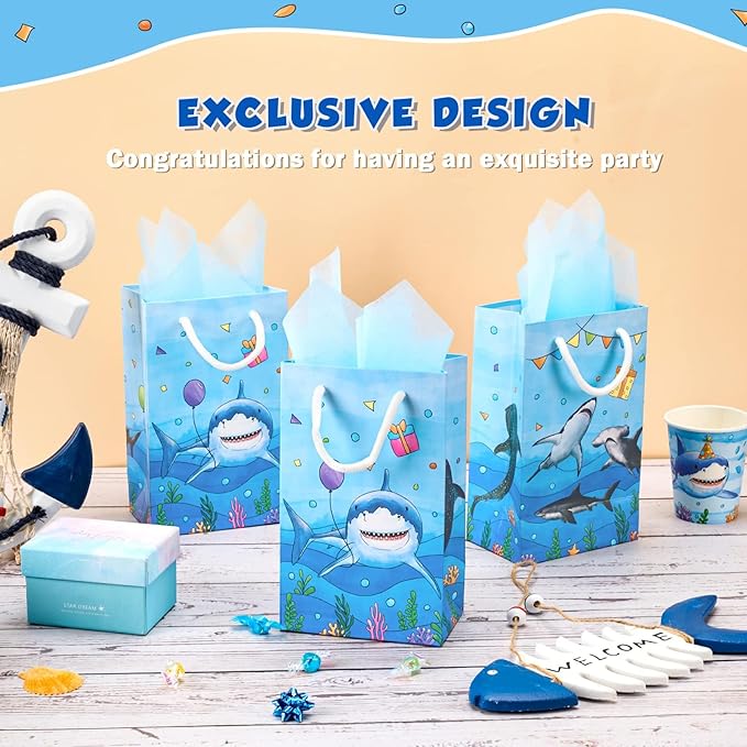 WERNNSAI 16Pcs Shark Party Favor Bags - Blue Shark Birthday Party Gift Bags for Kids Boys Under The Sea Birthday Decorations Shark Goodie Bags with Handle for Baby Shower Ocean Sea Party Supplies