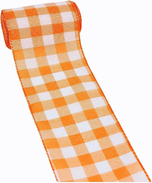 Meseey 4 Inch x 10 Yards Orange White Buffalo Check Wired Ribbon, Fall Burlap Wired Edge Ribbons for Large Wreaths, Big Bows, Gift Wrapping, Thanksgiving & Halloween Decor