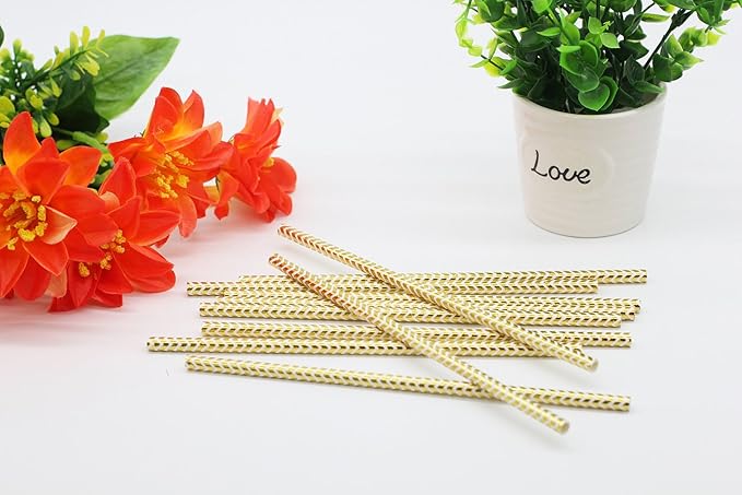 Metallic Gold Chevron Drinking Paper Straws for Valentine's Day Wedding Party Biodegradable Straw Box of 100