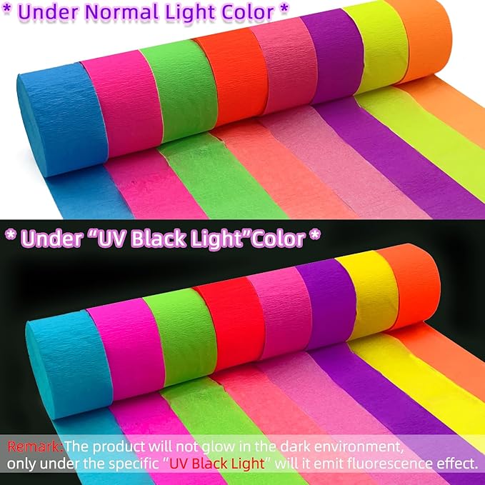 1760feet Blacklight Party Streamer Decorations 16 Rolls Glow Crepe Paper UV Reactive Fluorescent Neon Paper Streamers Glow Party Supplies and Decorations for Wedding, Birthday, Neon Fiesta Party