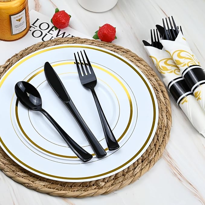 100 Pack Black Plastic Silverware, Pre Wrapped Cutlery Set with Gold Sun Pattern Napkin, Rolled Disposable Utensils Heavy Duty for Wedding, Party, Event Supplies