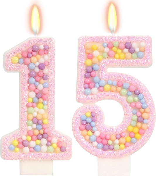 Birthday Candles - Number 15 Candle, Colorful Macaron Candles, 15 Birthday Decorations for Girls, Sweet Cake Decorations, Sweet Theme Party Supplies (Pink)