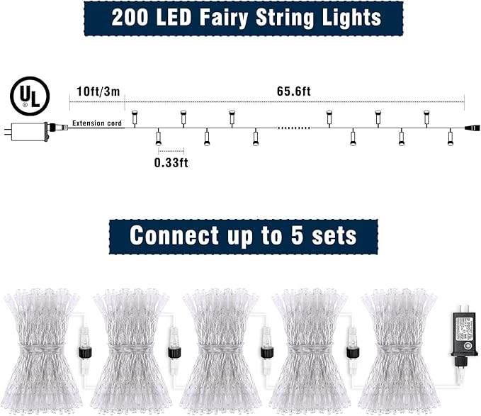 Christmas Lights Outdoor Waterproof Colorful String Lights Indoor 8 Modes Clear Wire 66ft 200 LED, Colorful Twinkle Fairy Light Plug in for Bedroom Wedding Party Decorations
