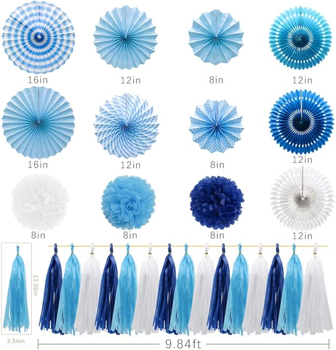 Blue Party Decorations Hanging Paper Fans Pom Poms Flowers Tissue Tassel Garland for Elephant Shark Theme Kids Birthday Baby Shower Graduation