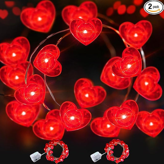 AIKEI 2 Pack Valentines LED Fairy Lights Battery Operated, Red Heart String Lights Waterproof 7 Feet 20 Led Firefly Starry Lighting for Wedding Party Bedroom Table Valentine's Day Decoration