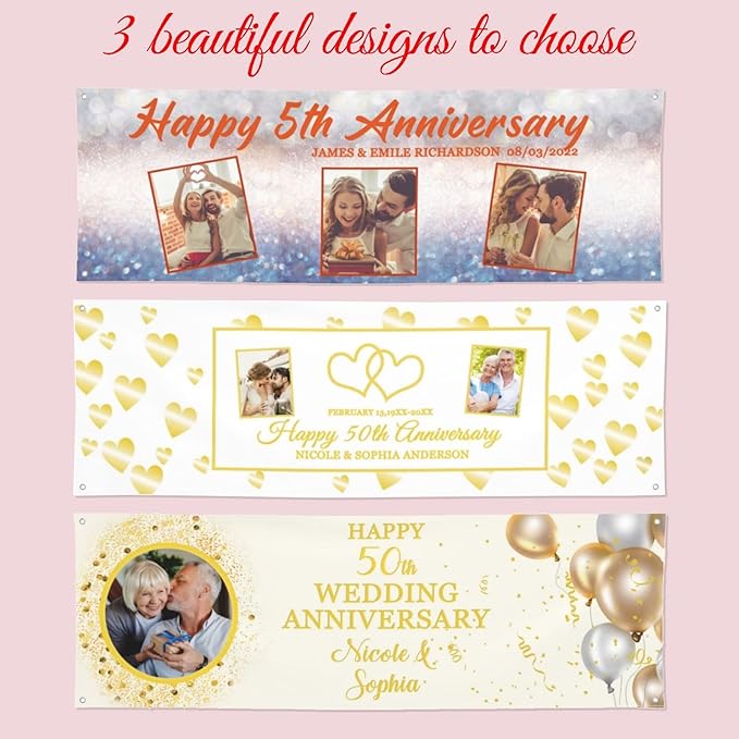 Happy Anniversary Banner Personalized Name Photo Custom Wedding Celebration Banners and Signs Customize Decoration for Couple 6'x2'