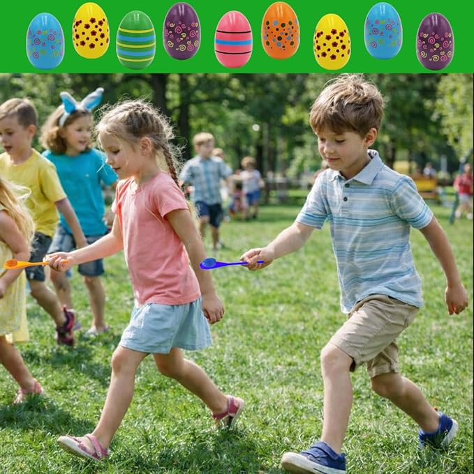 Painted Easter Egg and Spoon Race Game Set, Family Game for Kids & Family Activity Holiday Outdoor Yard Easter Egg Hunt Birthday Party Front Lawn