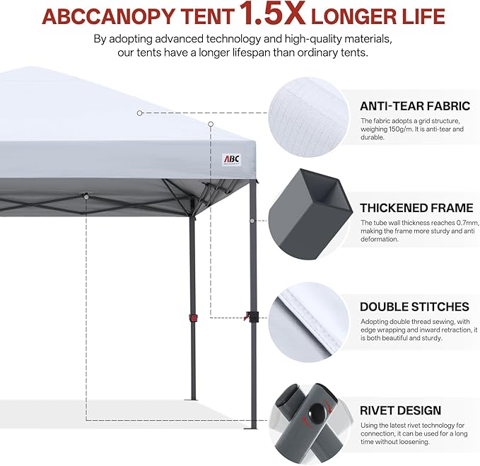 ABCCANOPY 8x8 Pop Up Canopy Tent, Easy Setup Instant Shelter with Wheeled Bag, Heavy Duty Outdoor Canopy for Beach, Market, Backyard, UV Protection, Outdoor Weather Protection (White, 8x8)