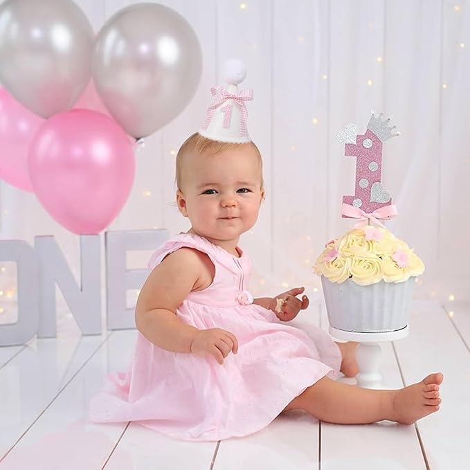 Pink Bow 1st Birthday Hat - Baby Girls 1st Birthday Crown, Pink First Birthday Decoration, Princess 1st Birthday Decor for Girls, Cake Smash Props
