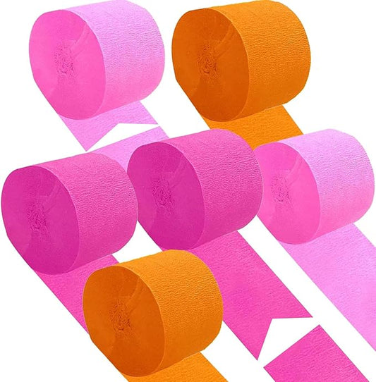 Hot Pink Orange and Pink Crepe Paper 6 Pcs Streamers for Party Decorations, Birthday Wedding DIY Crafts, Gift Wrapping Supplies