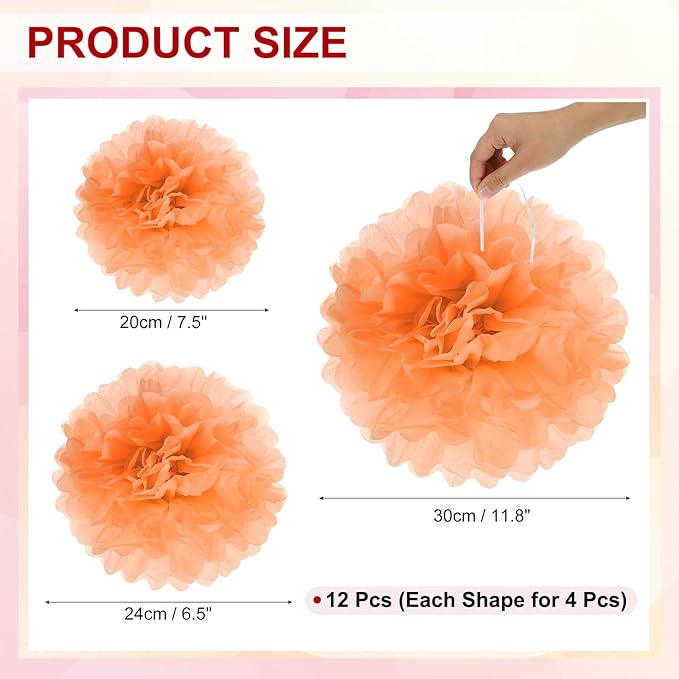 PATIKIL 8" 10" 12" Tissue Paper Pom Poms, 12PCS Pom Poms Paper Flowers Ball Tissue Paper Flowers Assorted Size for Wedding Bridal Shower Birthday Party Backdrop Decoration, Orange