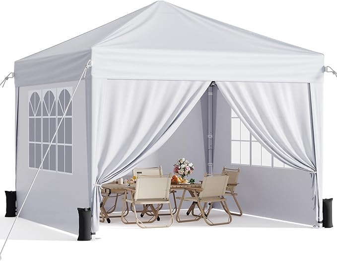 10x10 Pop Up Canopy with Sidewalls, Instant Portable Canopy Tent with Carry Bag for Commercial Events, Camping, Parties - White