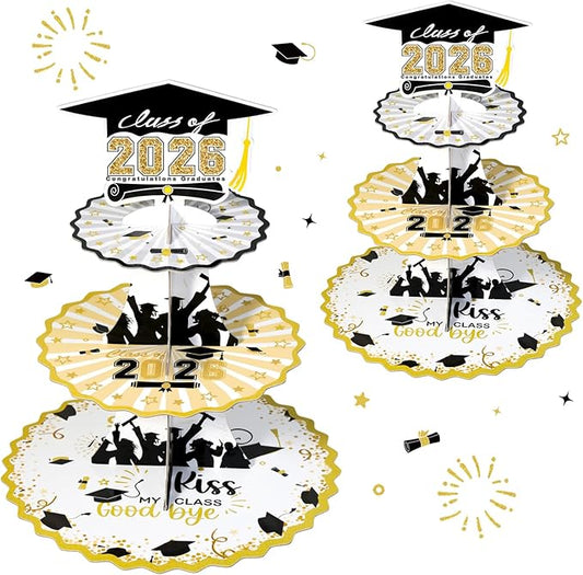 Set of 2 Graduation Cupcake Stand for 50 Cupcakes Black Gold Graduation Cap Decorations Cardboard Cake Dessert Holder Tower for Class of 2026 Congrats Grad Party Supplies