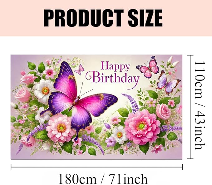 Happy Birthday Banner Elegant Butterfly and Floral Garden Design Soft Pastel Color Wall Hanging for Birthday Party Celebration Home Decoration 70.87 x 43.31 Inch