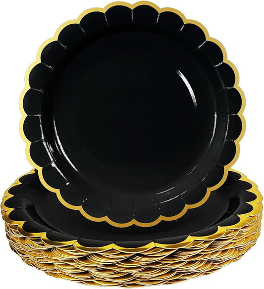 HEIPINIUYE 50 Pieces Black Paper Plates with Gold Foil 9 Inch Disposable Black Scalloped Dinner Plates for Wedding Baby Shower Birthday Party Dessert Plate