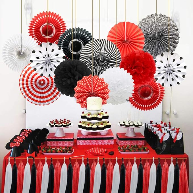 Mouse Ladybug Pirate Birthday Party Decorations, Red White Black Hanging Paper Fans Pom Poms Flowers Tissue Tassel Garland for BBQ Graduation Retirement Halloween