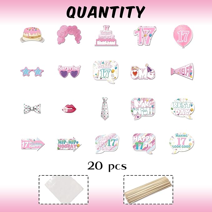 20 Pcs Girl 17th Birthday Photo Booth Props Kit, Pink 17th Birthday Party Selfie Decorations, Girl Teen's 17th Bday Party Photography Supplies