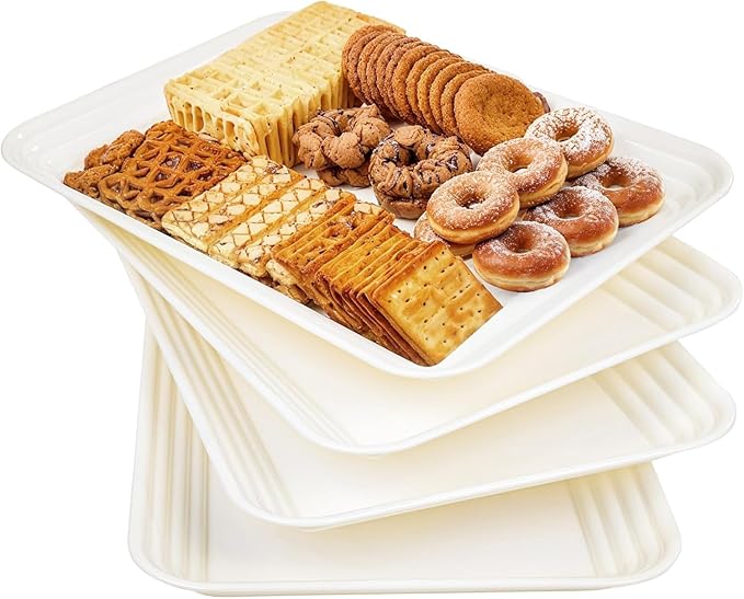 SUT 4-Pack Ivory Serving Trays for Entertaining, 16" x 11" Serving Platters for Snacks, Fruit, Cookies, Dessert, Reusable Plastic Trays for Serving Food and Party Organization in Kitchen &for Parties