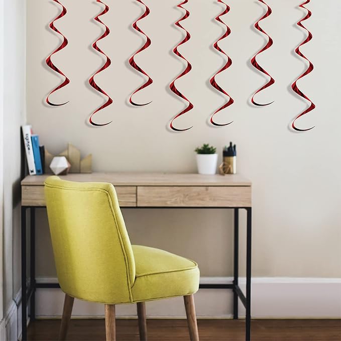 Beistle Burgundy Metallic Whirls – 24 Pack Hanging Spiral Decorations in Maroon for Ceiling Displays, Birthday Party Rooms, Graduations, Sporting Events, Team Spirit and School Pride, 13.5" & 25"