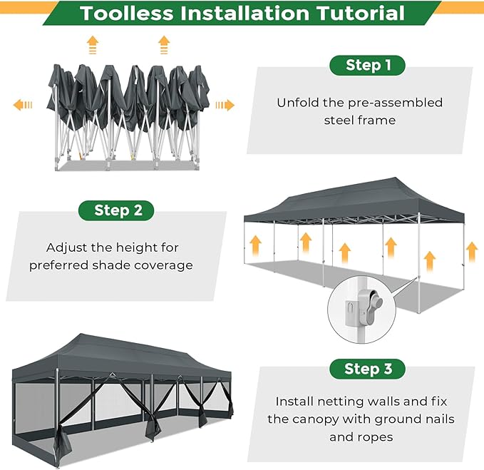 COBIZI 10x30 Heavy Duty Pop Up Canopy with 8 Sidewalls, Easy Set Up Outdoor Waterproof Screen Commercial Party Tent with Mosquito Netting for Parties Backyard Patio, Roller Bag, Gray