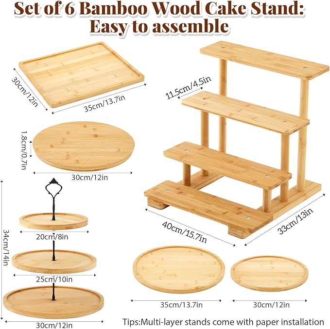 Roowest Wood Cake Stands Set of 6 Wood Dessert Tower Trays Stand Cupcake Stand Rustic 3 Tier Farmhouse Cupcake Serving Stands with Dessert Trays for Tea Party (Bamboo)