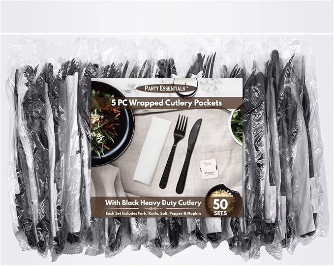Party Essentials Individually Wrapped Heavy Duty Plastic Utensil Kits, 50 Sets for Party Catering, Fork/Knife/Napkin/Salt/Pepper, Black