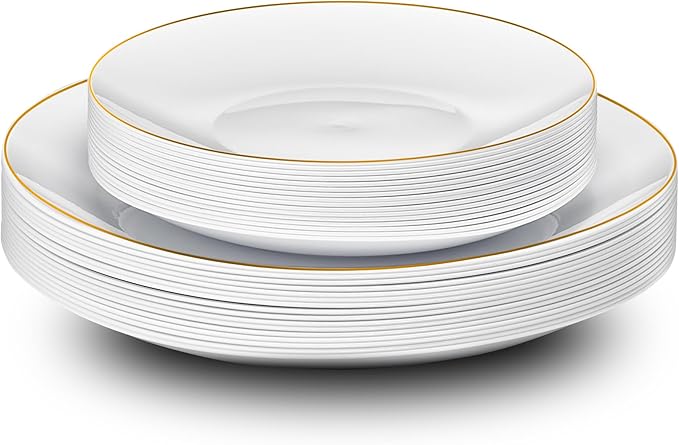 PLASTICPRO 32 Piece Combo Plates Set includes 16-7'' inch Plate & 16-10'' inch Plates White Plastic Organic Party Plate With Gold Rim, Premium heavyweight Elegant, Tableware, Dishes,