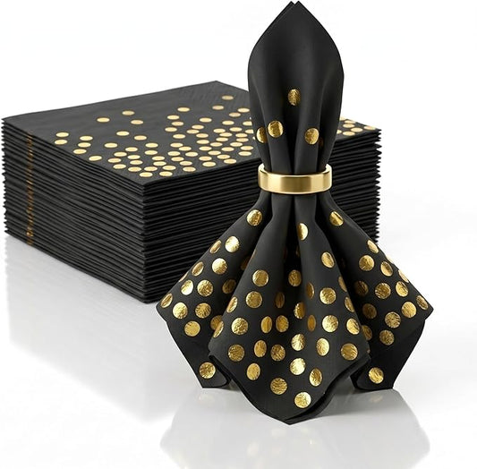 80Pcs Black and Gold Paper Napkins Disposable, Cocktail Napkins for Party Supplies, Gold Polka Dot Dinner Beverage Napkins Bulk, Men Women Birthday Anniversary Decorations