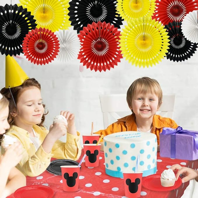 Red Yellow Black Hanging Tissue Honeycomb Round Paper Fans Decoration Kit for Baby Kid Shower Mouse Theme 1st Birthday Wedding Bachelorette Backdrops Anniversary Paper Party Supplies（11 Packs）