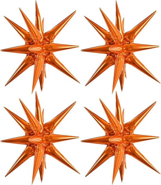 TONIFUL 4 Pcs 22inch 4D Orange Explosion Star Mylar Balloons 14Point Star Balloons for Party Backdrop Christmas,New Year Birthday,Halloween, Wedding Baby Shower Anniversary Photo Booth Supplies