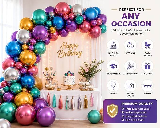 Chrome Metallic Balloons 12 Inch – 100 Pack Assorted Multicolor Latex Balloons for Balloon Arch, Birthday Party, Baby Shower, Wedding Decorations with Ribbon & Glue Dots