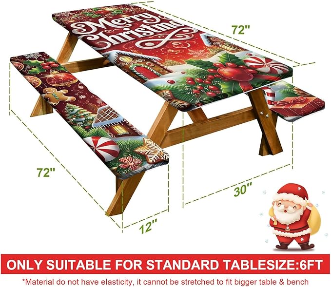 Picnic Table Cover with Bench Covers Set of 3, Elastic Fitted Tablecloth for 6 Foot Tables, Washable Polyester Tablecloths for Camping, Indoor & Outdoor