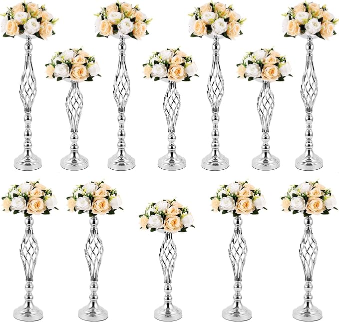 12 Pcs Metal Wedding Flower Stand Bulk Table Centerpieces, Tall Silver Flower Arrangement Vase Candle Holder Stand for Wedding Reception, Birthday, Party, Hotel Decor, Twist Style, 3 Sizes