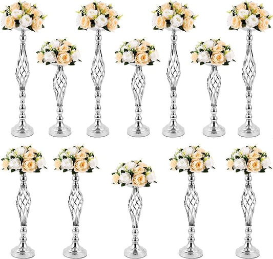 12 Pcs Metal Wedding Flower Stand Bulk Table Centerpieces, Tall Silver Flower Arrangement Vase Candle Holder Stand for Wedding Reception, Birthday, Party, Hotel Decor, Twist Style, 3 Sizes