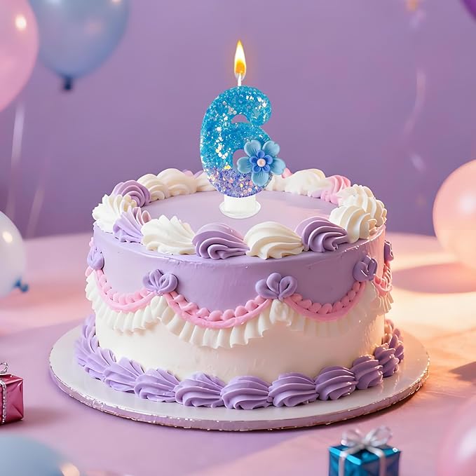 Blue Purple Flower Birthday Number Candles, Flower Theme Party Decorations, Cupcake Decorations, Suitable for Party Celebrations, Boys and Girls Birthday Decorations（6）