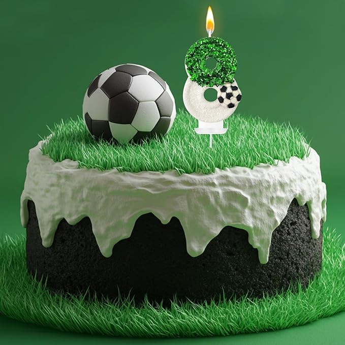 Birthday Candles，Soccer Birthday Decorations，Soccer Cake Topper,for Girl and boy Cake Toppers, Wedding Cakes, Anniversaries, Party Celebrations, Birthday Decorations (Green White, Number 8)
