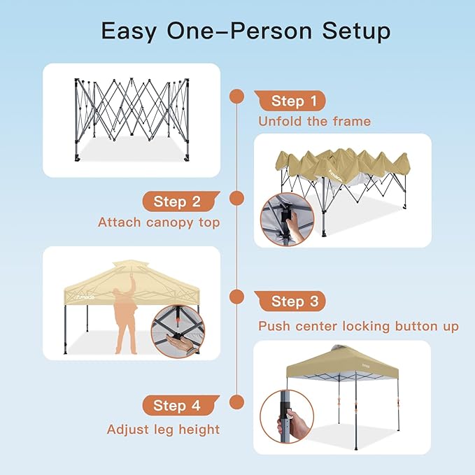 Amada 10x10 Pop Up Canopy - Center Lock One Push Instant Setup Wheeled Gazebo Outdoor Canopy Beach Tent with STO-N-Go Bag 8 Stakes & 4 Sand Bags, 3-Height Adjustable Shade Shelter (10x10ft, Khaki)