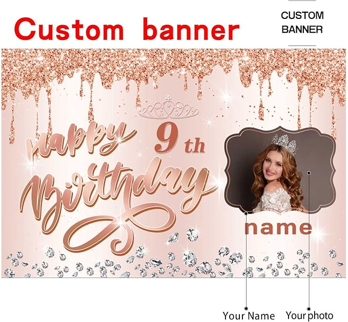 Customizable Rose Gold Happy 9th Birthday Decoration Banner - Personalized with Name and Photo