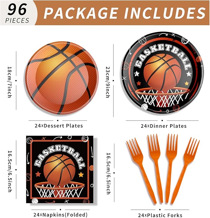96 Pcs Basketball Birthday Party Decorations Basketball Plates and Napkins Disposable Dinnerware Tableware for Teenagers Kids Boys Birthday Party Decorations Serve 24
