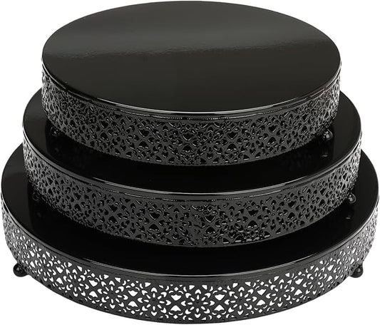 3 Piece Cake Stands Set 16'' 14'' 12'' Round Metal Cake Stands Cupcake Stand Riser Pastry Candy Display Plate for Dessert Table Wedding Event Birthday Anniversary Party (Black)